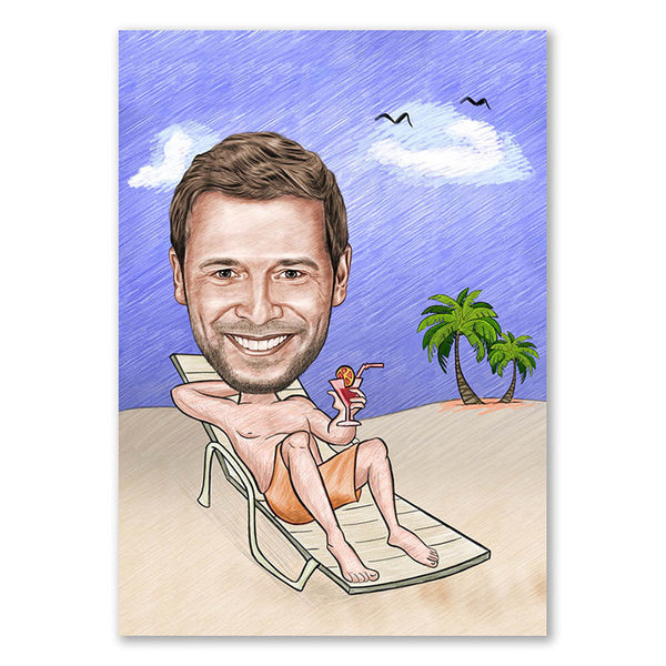 Karikatur vom Foto - Am Strand mit Cocktail Zeichnung mit rot (ca102man-pen-color) - Lustige individuelle Karikatur vom eigenen Foto