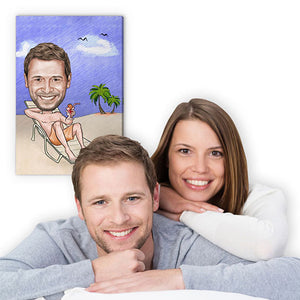 Karikatur vom Foto - Am Strand mit Cocktail Zeichnung mit rot (ca102man-pen-color) - Lustige individuelle Karikatur vom eigenen Foto