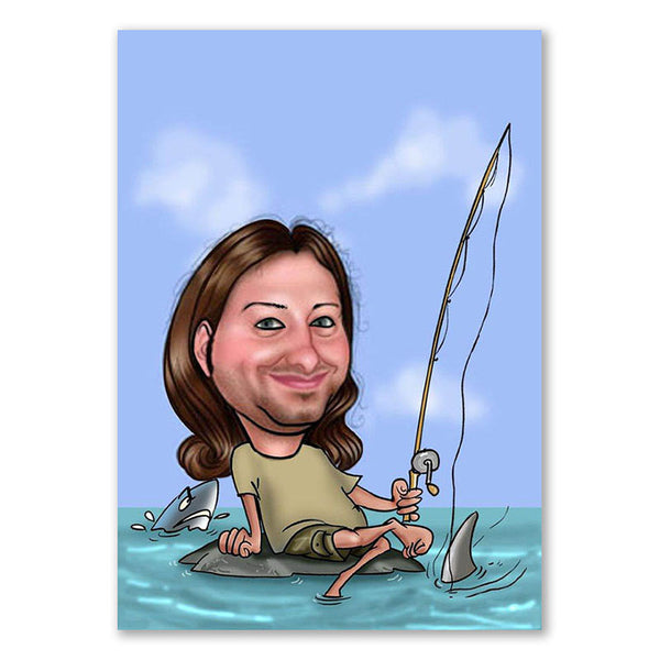Karikatur vom Foto - Angler mit Haien (andere Fische mgl.) (ca106) - Lustige individuelle Karikatur vom eigenen Foto