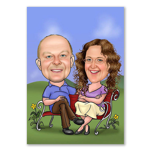 Karikatur vom Foto - Paar auf einer Bank 2 (ca109) - Lustige individuelle Karikatur vom eigenen Foto