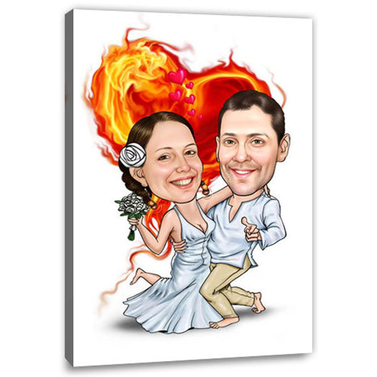 Karikatur vom Foto - Hochzeitspaar brennendes Herz (ca1207) - Lustige individuelle Karikatur vom eigenen Foto