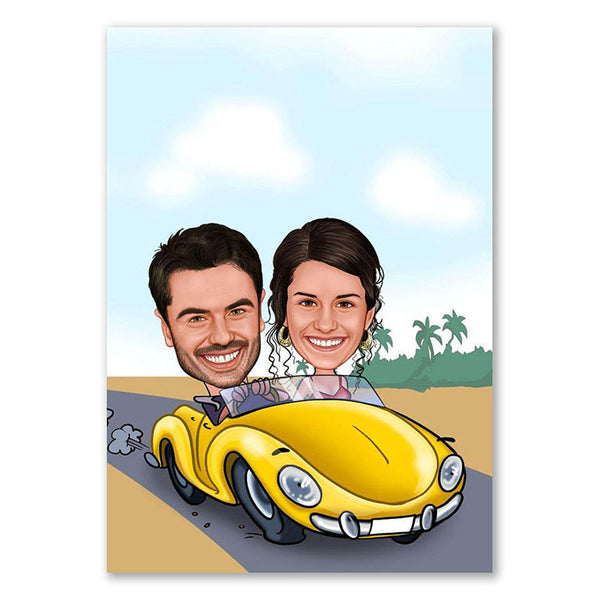 Karikatur vom Foto - Paar im gelben Auto (andere Auto-Marken mgl. (ca124) - Lustige individuelle Karikatur vom eigenen Foto
