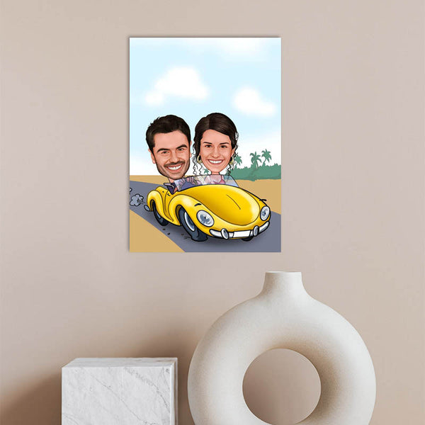 Karikatur vom Foto - Paar im gelben Auto (andere Auto-Marken mgl. (ca124) - Lustige individuelle Karikatur vom eigenen Foto