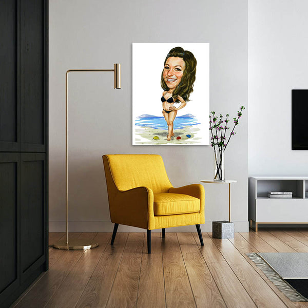 Karikatur vom Foto - Frau am Strand (ca2052) - Lustige individuelle Karikatur vom eigenen Foto