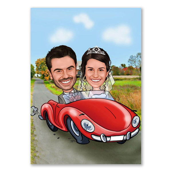 Karikatur vom Foto - Hochzeit im Auto (andere Fahrzeugmarken mgl. (ca207) - Lustige individuelle Karikatur vom eigenen Foto