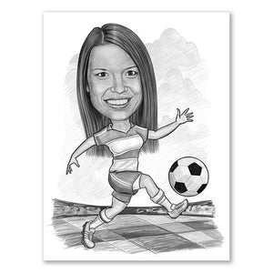 Karikatur vom Foto - Fussball weiss rot (andere Vereins-Shirts mgl.) Frau Zeichnung  (ca309woman-pen) - Lustige individuelle Karikatur vom eigenen Foto