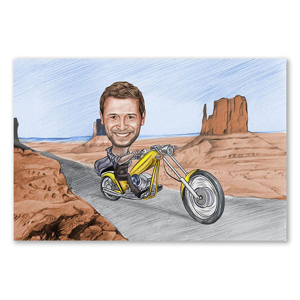 Karikatur vom Foto - Tour im Valley (andere Motorradtypen mgl.) Zeichnung mit rot (ca403man-pen-color) - Lustige individuelle Karikatur vom eigenen Foto