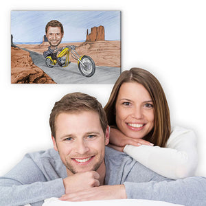 Karikatur vom Foto - Tour im Valley (andere Motorradtypen mgl.) Zeichnung mit rot (ca403man-pen-color) - Lustige individuelle Karikatur vom eigenen Foto