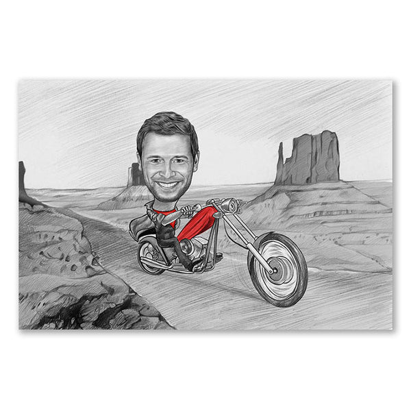 Karikatur vom Foto - Tour im Valley (andere Motorradtypen mgl.) Zeichnung mit rot (ca403man-pen-red) - Lustige individuelle Karikatur vom eigenen Foto