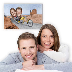 Karikatur vom Foto - Tour im Valley (andere Motorradtypen mgl.) Zeichnung  mir rot (ca403pen-color) - Lustige individuelle Karikatur vom eigenen Foto