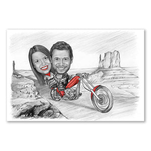 Karikatur vom Foto - Tour im Valley (andere Motorradtypen mgl.) Zeichnung  mir rot (ca403pen-red) - Lustige individuelle Karikatur vom eigenen Foto