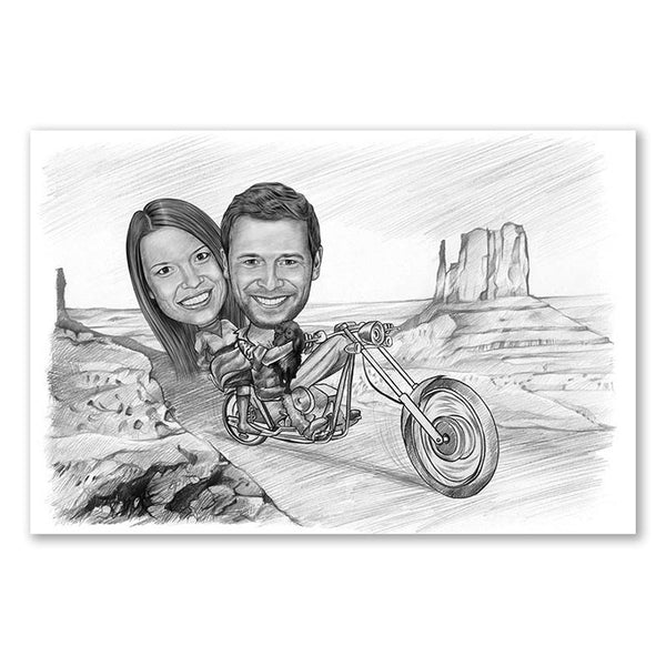 Karikatur vom Foto - Tour im Valley (andere Motorradtypen mgl.) Zeichnung (ca403pen) - Lustige individuelle Karikatur vom eigenen Foto