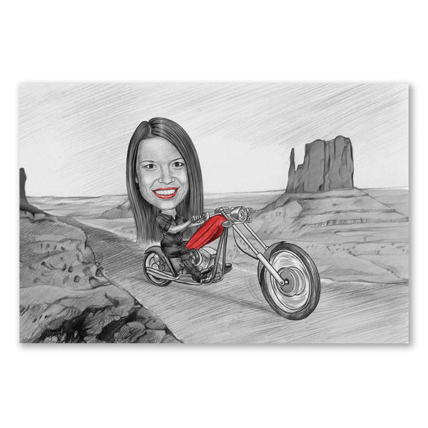 Karikatur vom Foto - Tour im Valley (andere Motorradtypen mgl.) Zeichnung mit rot (ca403woman-pen-red) - Lustige individuelle Karikatur vom eigenen Foto