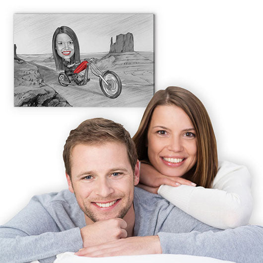 Karikatur vom Foto - Tour im Valley (andere Motorradtypen mgl.) Zeichnung mit rot (ca403woman-pen-red) - Lustige individuelle Karikatur vom eigenen Foto