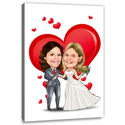 Karikatur vom Foto - Hochzeit mit Herz - 2 Frauen (ca735A1) - Lustige individuelle Karikatur vom eigenen Foto