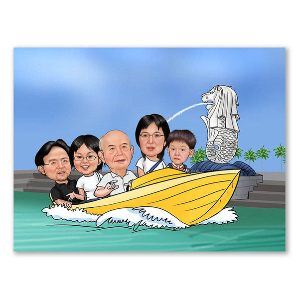Karikatur vom Foto - Familien-Ausflug mit dem Boot (ca819) - Lustige individuelle Karikatur vom eigenen Foto