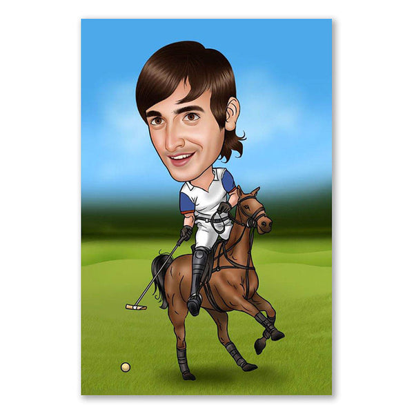 Karikatur vom Foto - Polospieler mit Pferd (ca842) - Lustige individuelle Karikatur vom eigenen Foto