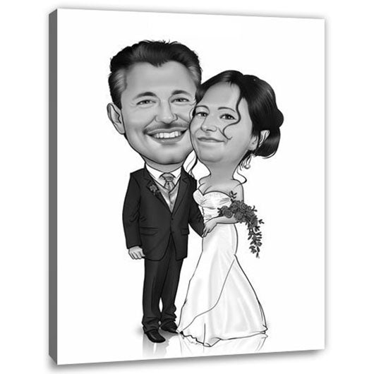 Karikatur vom Foto - Kuschelndes Hochzeitspaar SW (ca911sw) - Lustige individuelle Karikatur vom eigenen Foto