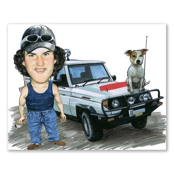 Karikatur vom Foto - Mann neben Hund und Auto (cdi139) - Lustige individuelle Karikatur vom eigenen Foto