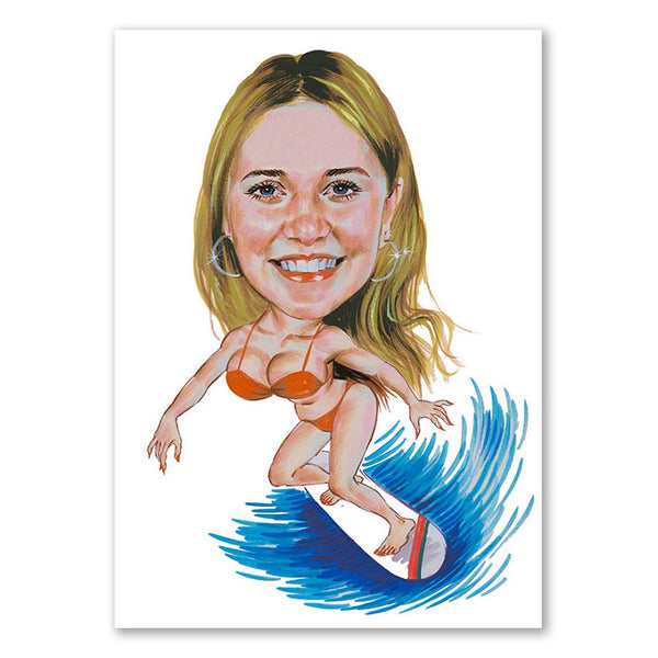 Karikatur vom Foto - Frau auf Surfbrett (cdi367) - Lustige individuelle Karikatur vom eigenen Foto