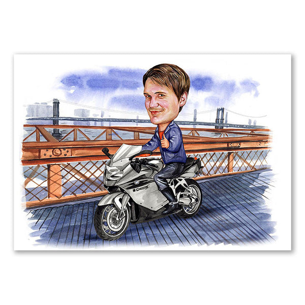 Karikatur vom Foto - Biker auf Brücke (cdi474) - Lustige individuelle Karikatur vom eigenen Foto