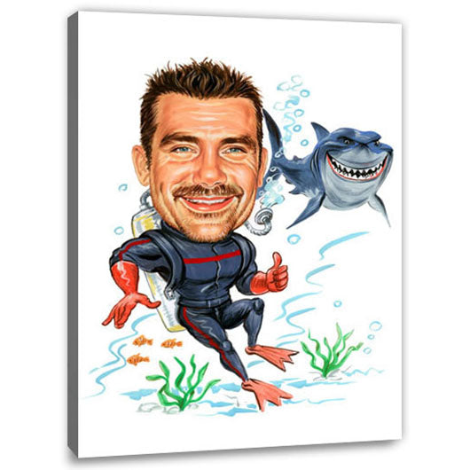 Karikatur vom Foto - Taucher mit Hai (cju275) - Lustige individuelle Karikatur vom eigenen Foto