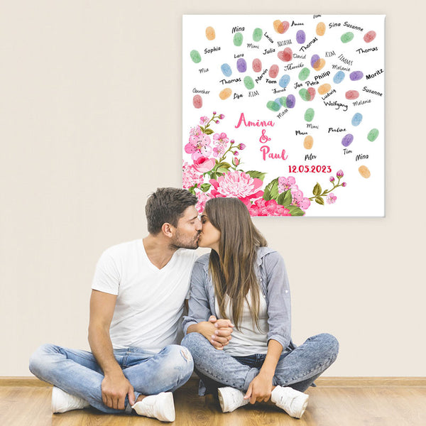 Fingerabdruck-Leinwand - Rosa Blumen - Fingerabdruck Leinwand