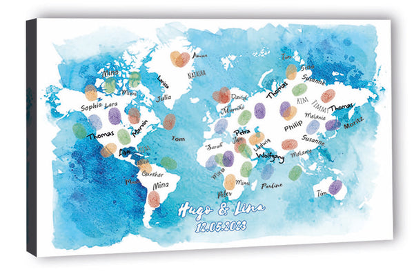 Fingerabdruck-Leinwand - Weltkarte Blau - Fingerabdruck Leinwand