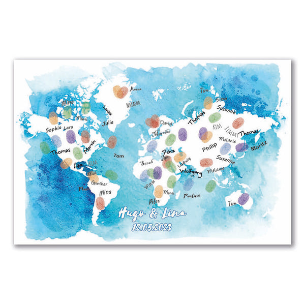 Fingerabdruck-Leinwand - Weltkarte Blau - Fingerabdruck Leinwand