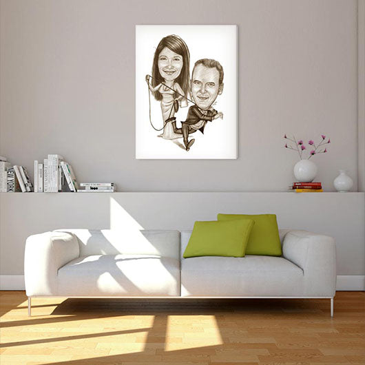 Karikatur vom Foto - An der Leine Zeichnung sepia (ca1000pense) - Lustige individuelle Karikatur vom eigenen Foto
