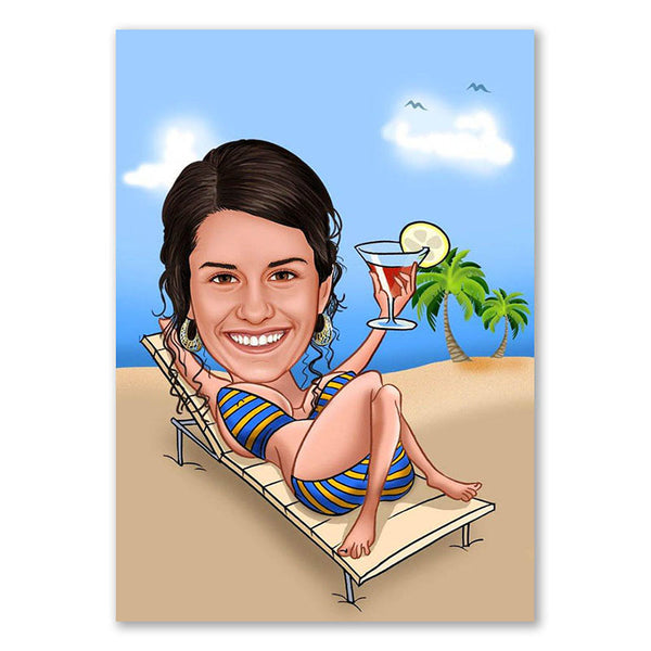 Karikatur vom Foto - Bikini am Strand mit Cocktail (ca102) - Lustige individuelle Karikatur vom eigenen Foto