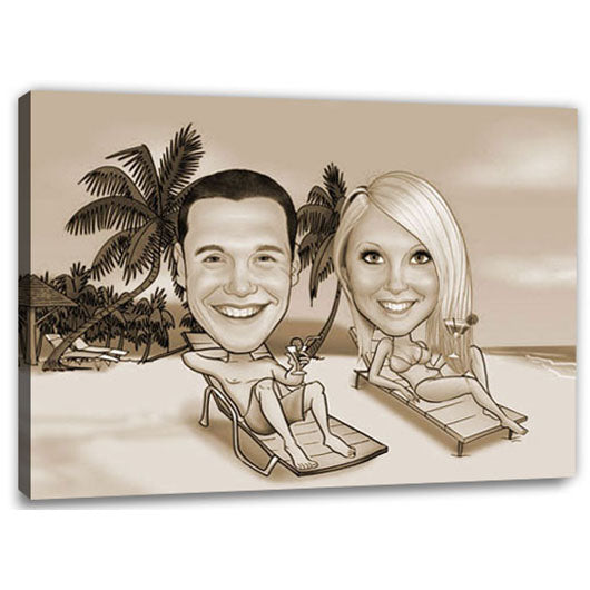 Karikatur vom Foto - Am Strand mit Cocktail Sepia (ca102couplese) - Lustige individuelle Karikatur vom eigenen Foto