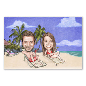 Karikatur vom Foto - Am Strand mit Cocktail Zeichnung mit rot (ca102couple-pen-color) - Lustige individuelle Karikatur vom eigenen Foto