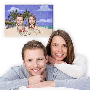 Karikatur vom Foto - Am Strand mit Cocktail Zeichnung mit rot (ca102couple-pen-color) - Lustige individuelle Karikatur vom eigenen Foto