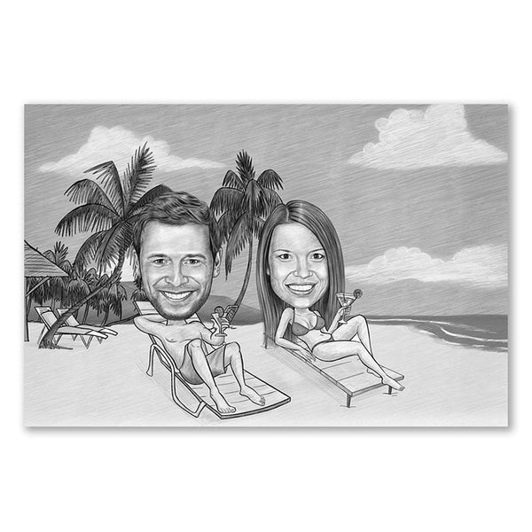 Karikatur vom Foto - Am Strand mit Cocktail Zeichnung  (ca102couple-pen) - Lustige individuelle Karikatur vom eigenen Foto