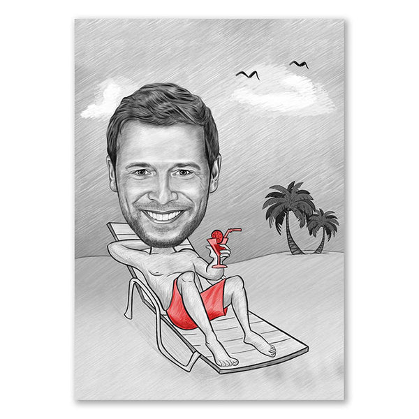 Karikatur vom Foto - Am Strand mit Cocktail Zeichnung mit rot (ca102man-penred) - Lustige individuelle Karikatur vom eigenen Foto