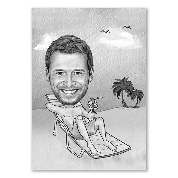 Karikatur vom Foto - Am Strand mit Cocktail Zeichnung (ca102man-pen) - Lustige individuelle Karikatur vom eigenen Foto