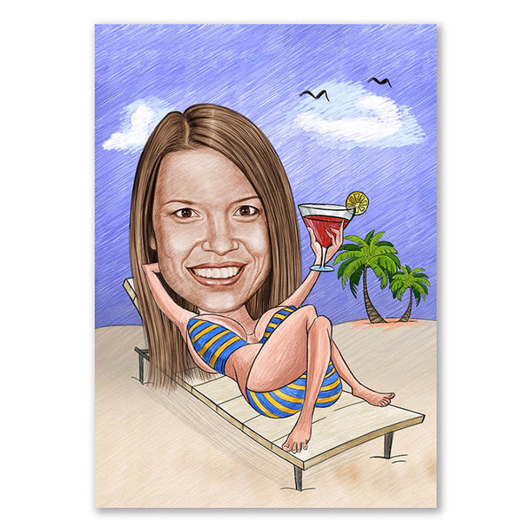Karikatur vom Foto - Bikini am Strand mit Cocktail Zeichnung mit rot (ca102pen-color) - Lustige individuelle Karikatur vom eigenen Foto