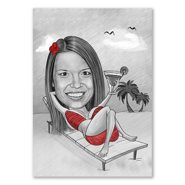 Karikatur vom Foto - Bikini am Strand mit Cocktail Zeichnung mit rot (ca102pen-red) - Lustige individuelle Karikatur vom eigenen Foto