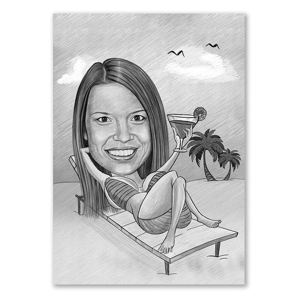Karikatur vom Foto - Bikini am Strand mit Cocktail Zeichnung (ca102pen) - Lustige individuelle Karikatur vom eigenen Foto