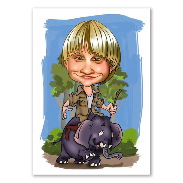 Karikatur vom Foto - Safari auf Elefant (andere Tiere mgl.) (ca105) - Lustige individuelle Karikatur vom eigenen Foto