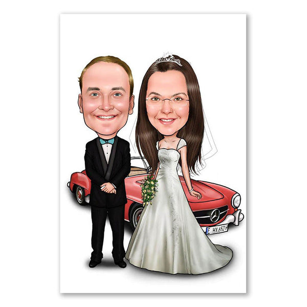 Karikatur vom Foto - Hochzeitspaar vor Auto (ca1164) - Lustige individuelle Karikatur vom eigenen Foto
