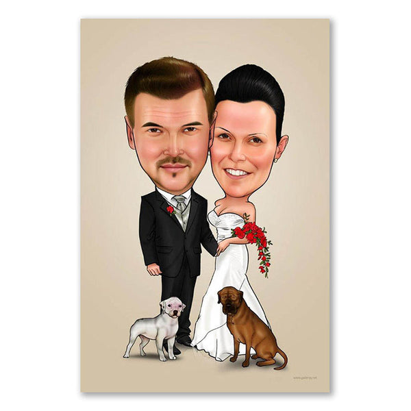 Karikatur vom Foto - Hochzeit mit Hunden (ca1179) - Lustige individuelle Karikatur vom eigenen Foto