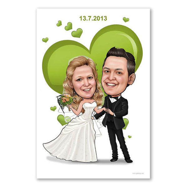 Karikatur vom Foto - Hochzeitspaar grünes Herz (ca1189) - Lustige individuelle Karikatur vom eigenen Foto