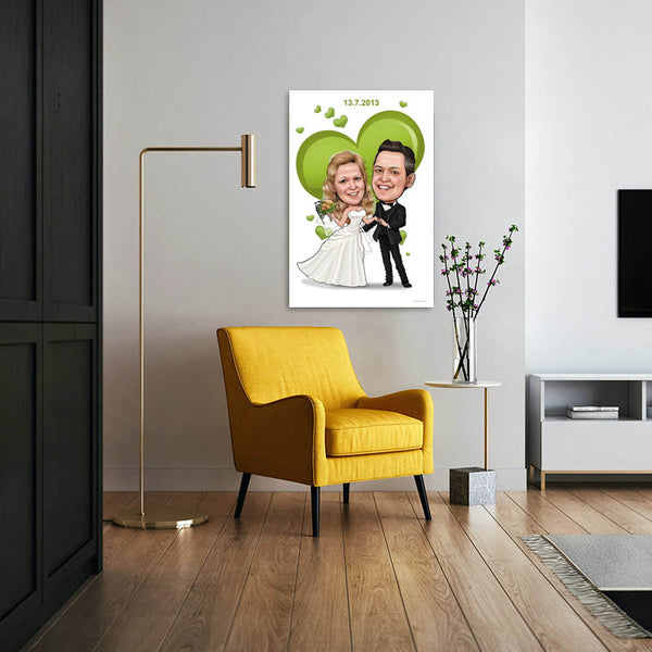 Karikatur vom Foto - Hochzeitspaar grünes Herz (ca1189) - Lustige individuelle Karikatur vom eigenen Foto