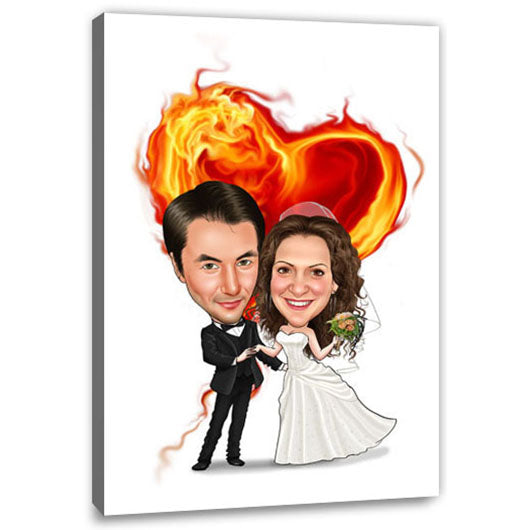 Karikatur vom Foto - Hochzeitspaar brennendes Herz (ca1198) - Lustige individuelle Karikatur vom eigenen Foto