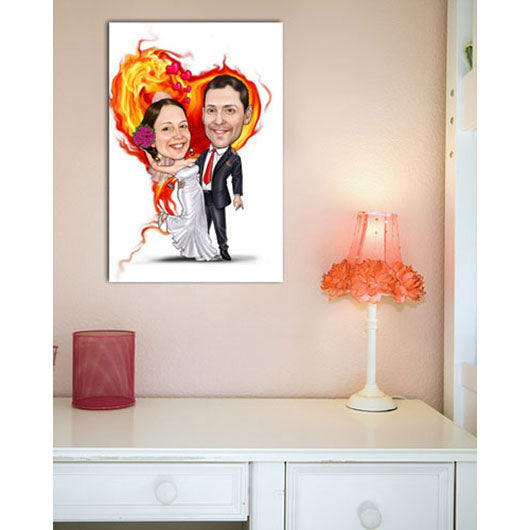 Karikatur vom Foto - Hochzeitspaar brennendes Herz (ca1200) - Lustige individuelle Karikatur vom eigenen Foto
