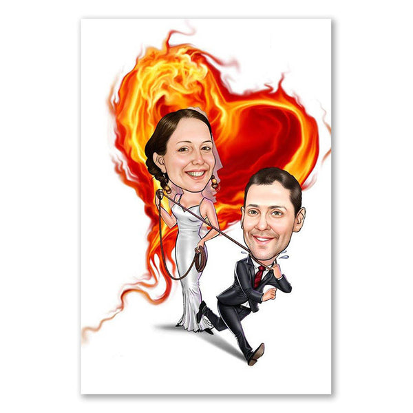 Karikatur vom Foto - Hochzeitspaar brennendes Herz (ca1204) - Lustige individuelle Karikatur vom eigenen Foto