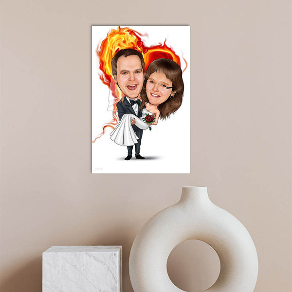 Karikatur vom Foto - Hochzeitspaar brennendes Herz (ca1205) - Lustige individuelle Karikatur vom eigenen Foto