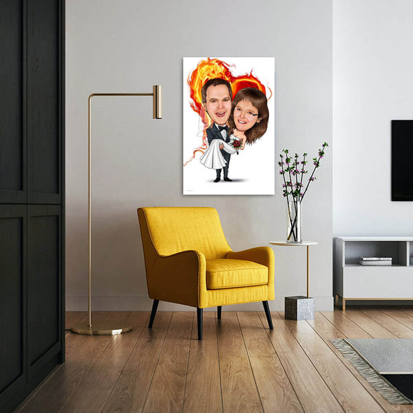 Karikatur vom Foto - Hochzeitspaar brennendes Herz (ca1205) - Lustige individuelle Karikatur vom eigenen Foto